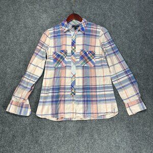 J Crew Workshirt Womens 4 Blue Beige Cotton Plaid Long Sleeve Button Up Pockets